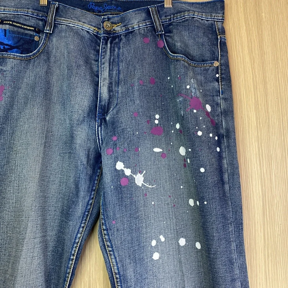 Pepe Jeans‎ Mens 36 Straight Leg Blue Paint Splatter Barbed Wire Graphic Denim